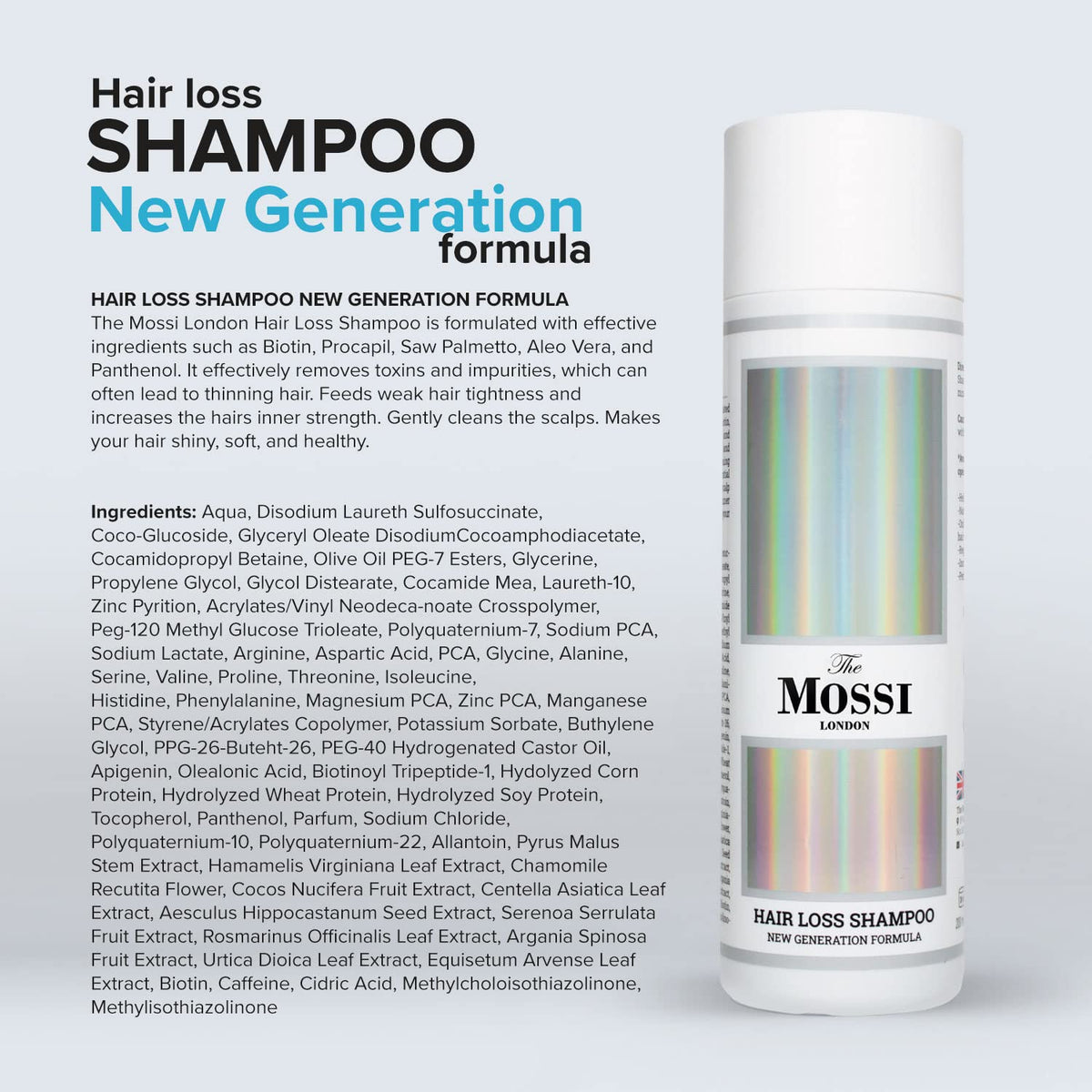 The Mossi London back label highlighting ingredients list and usage directions for clarity