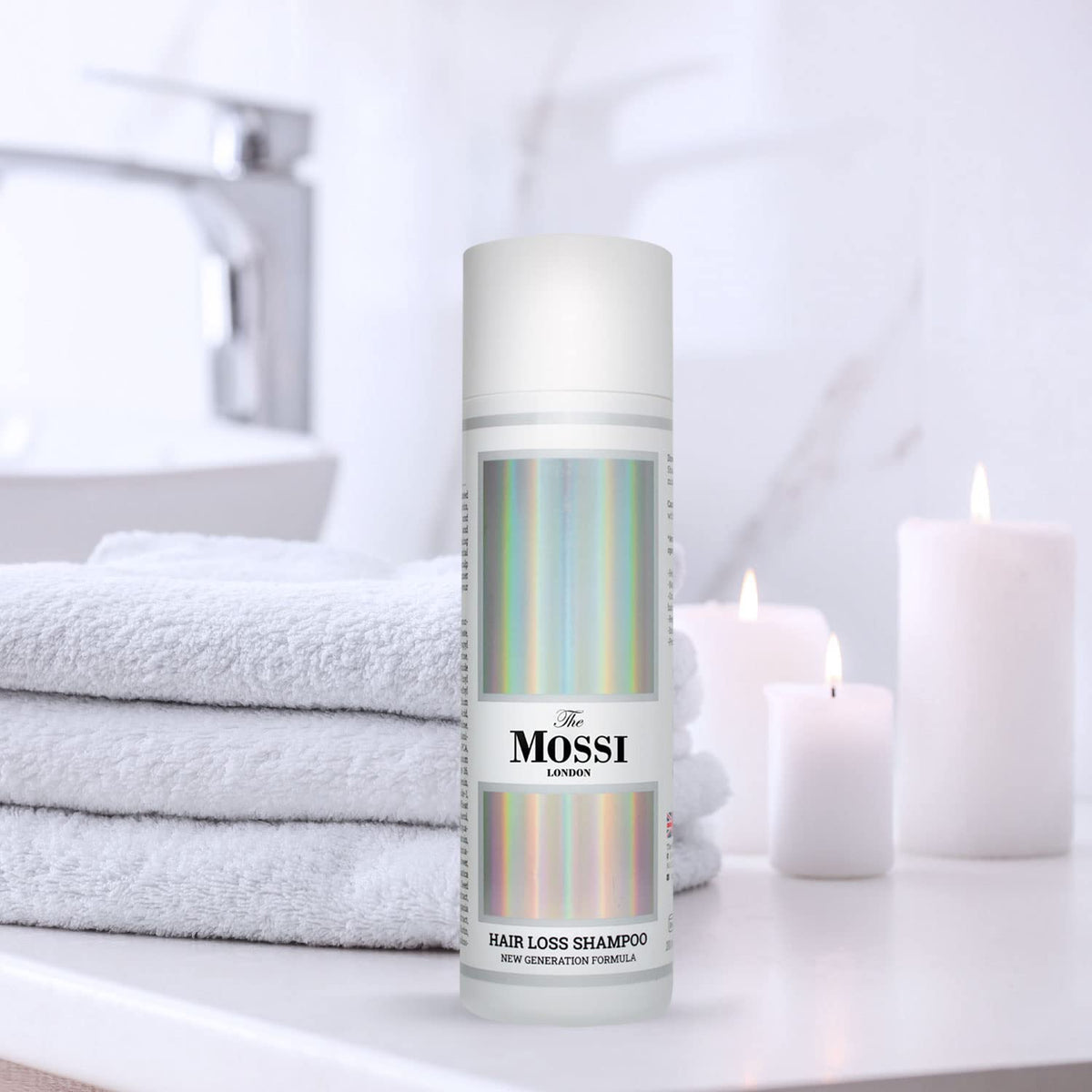 The Mossi London shampoo on bathroom shelf in lifestyle scene promoting daily routine use