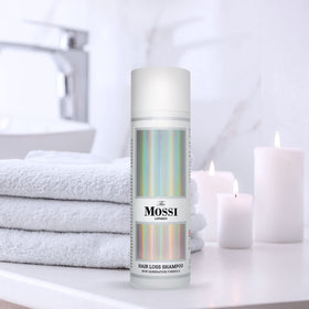 The Mossi London shampoo on bathroom shelf in lifestyle scene promoting daily routine use
