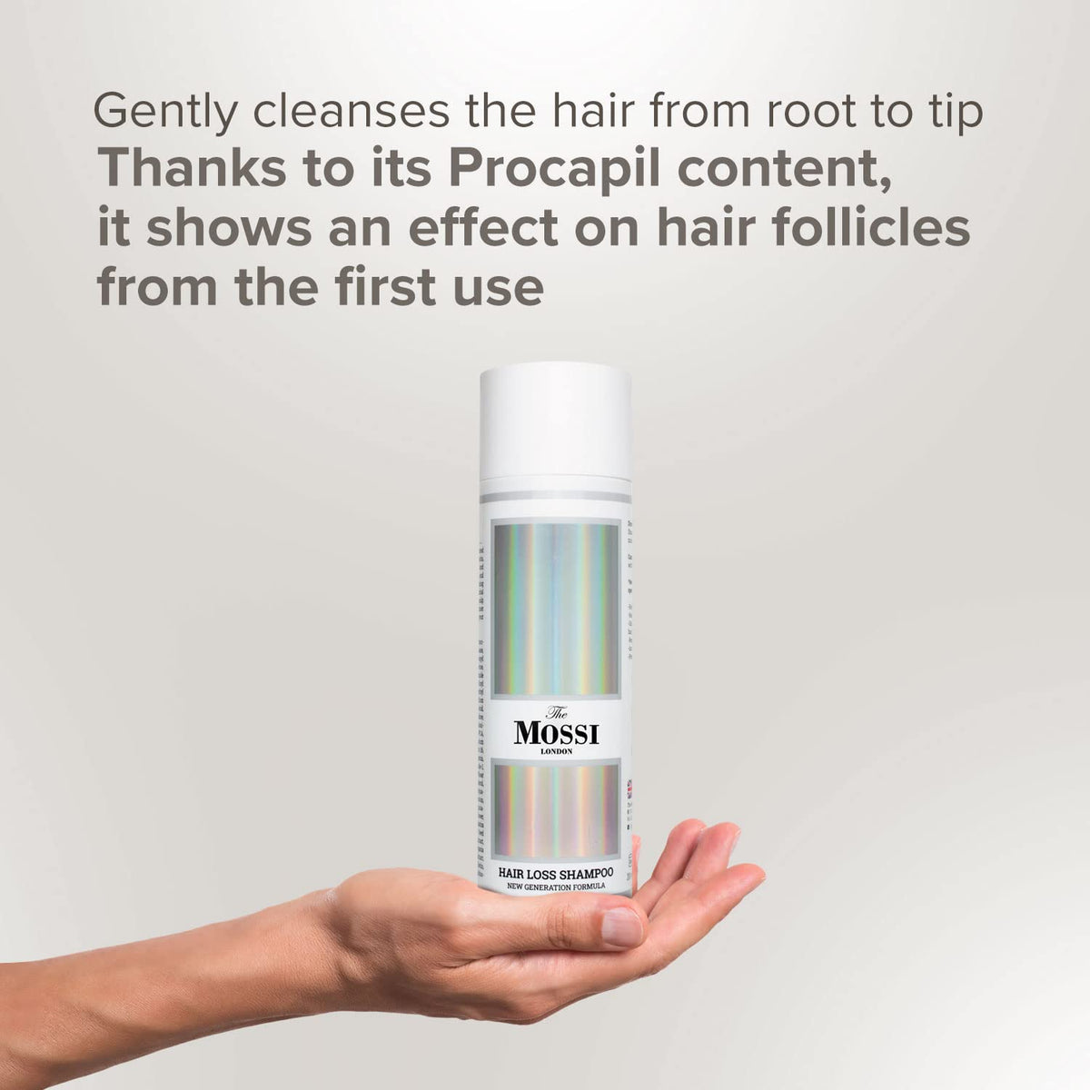 Visual of key ingredients for The Mossi London shampoo including biotin and saw palmetto benefits