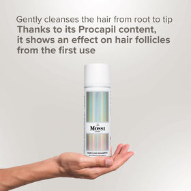 Visual of key ingredients for The Mossi London shampoo including biotin and saw palmetto benefits