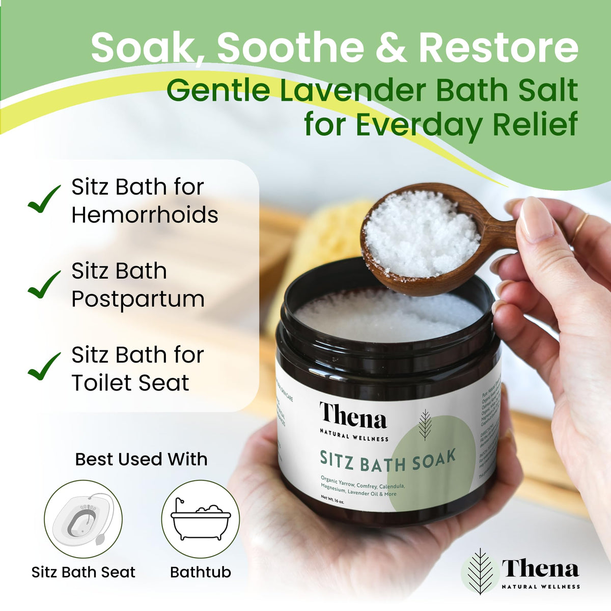 THENA Natural Wellness label detail with ingredient list for transparency and trust