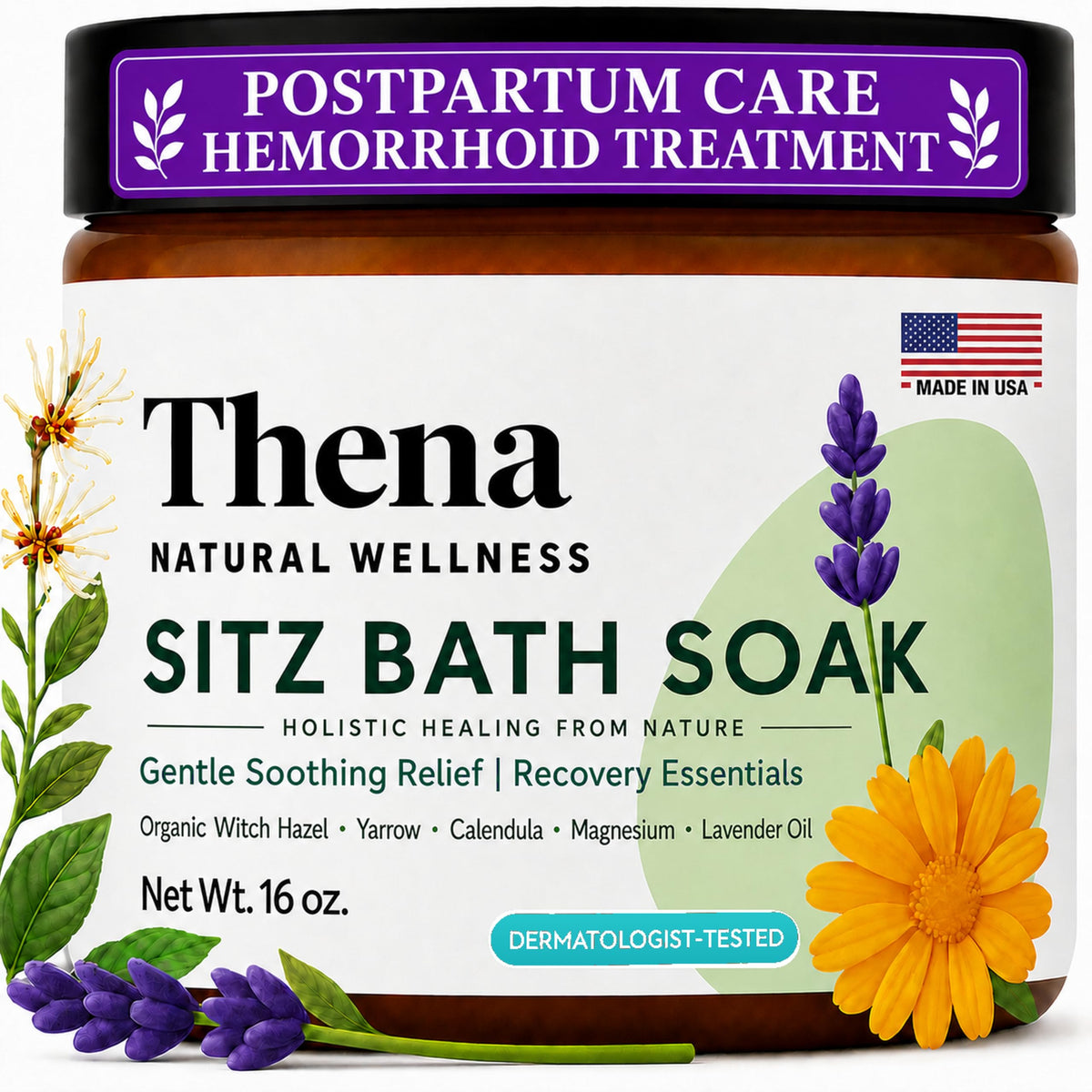THENA Natural Wellness front packaging showing product and calming lavender scent