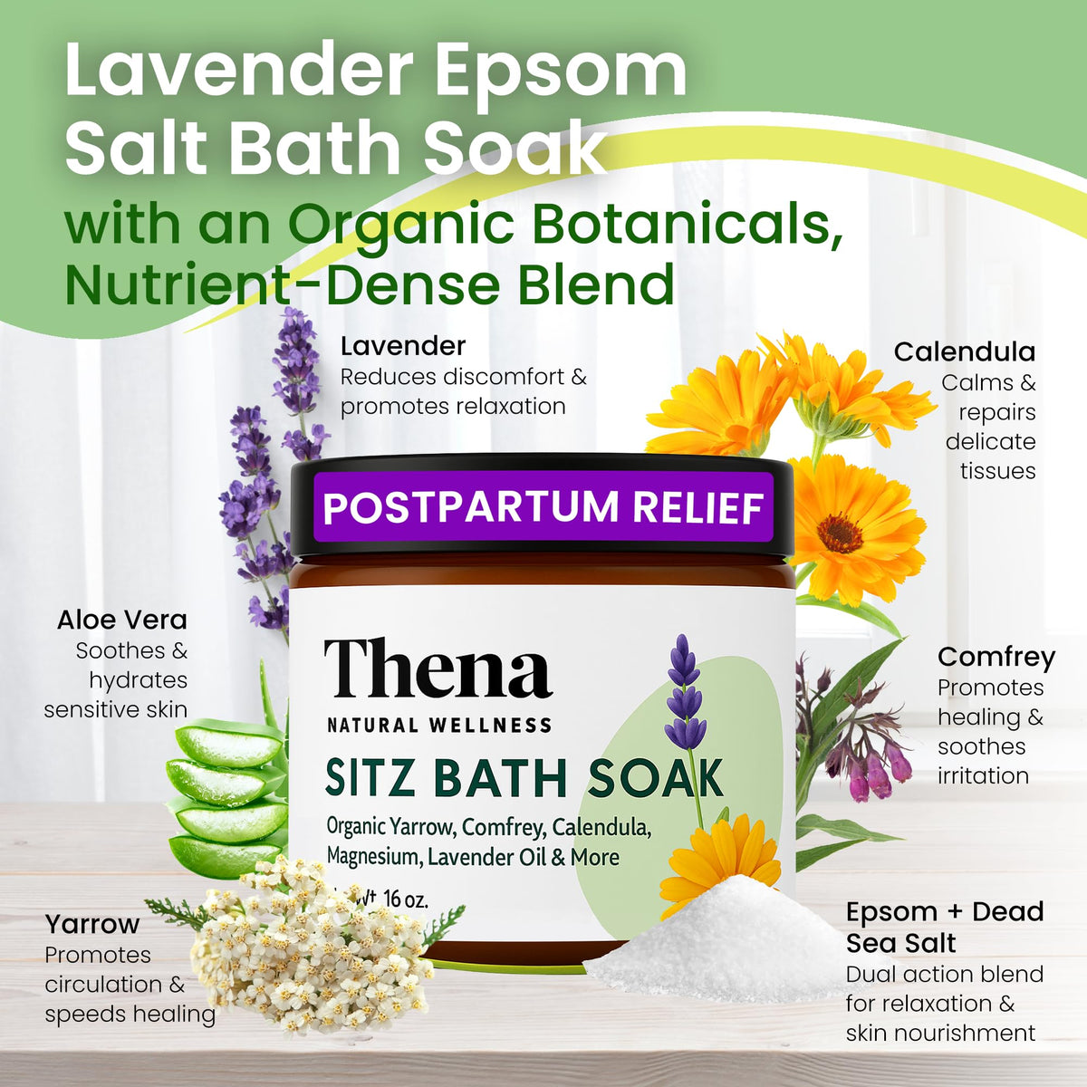 THENA Natural Wellness botanical oils and herbs flatlay showing nourishing ingredients