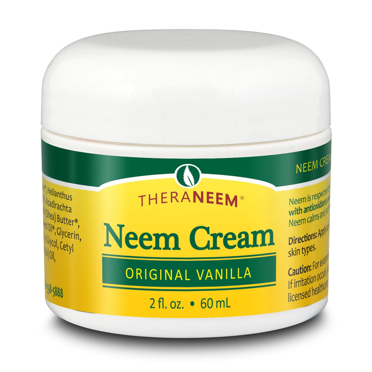 TheraNeem jar front label shows neem cream purity and gentle moisturizing benefit