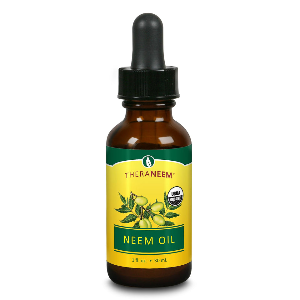 TheraNeem front bottle view showing label and organic neem oil benefits