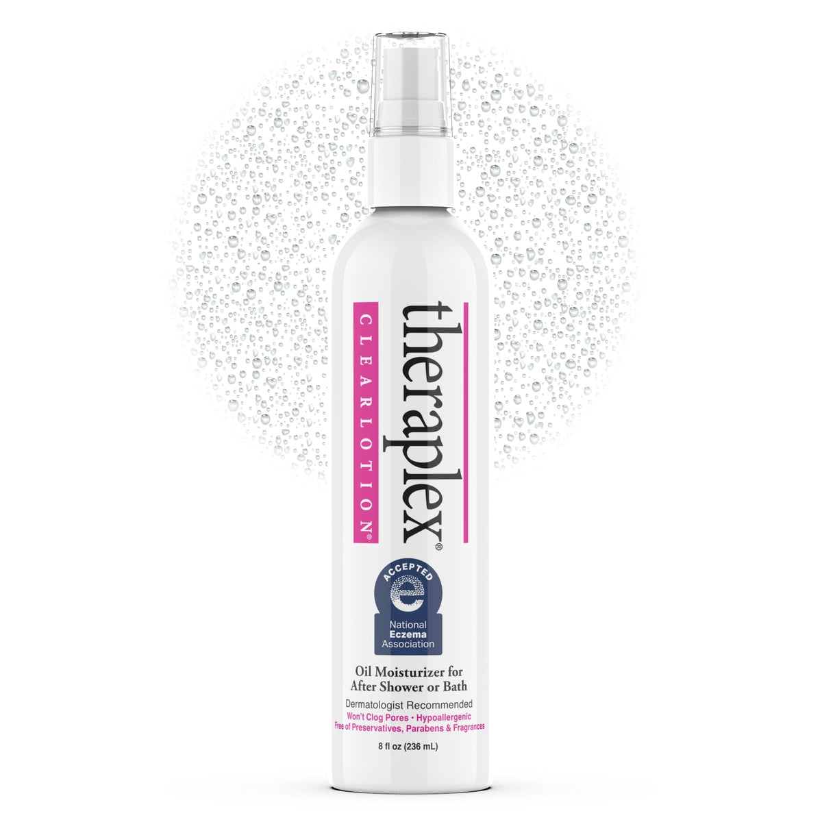 Theraplex clear lotion spray front packaging showing brand and size benefits