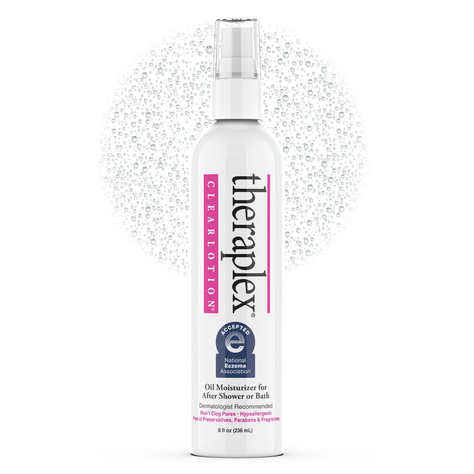 Theraplex clear lotion spray front packaging showing brand and size benefits
