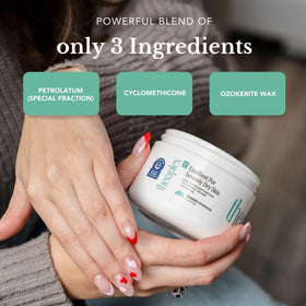 Theraplex emollient next to a hand for size and 3 oz scale