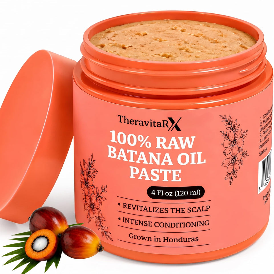TheravitaRx bottle front packaging showing pure Batana oil benefits
