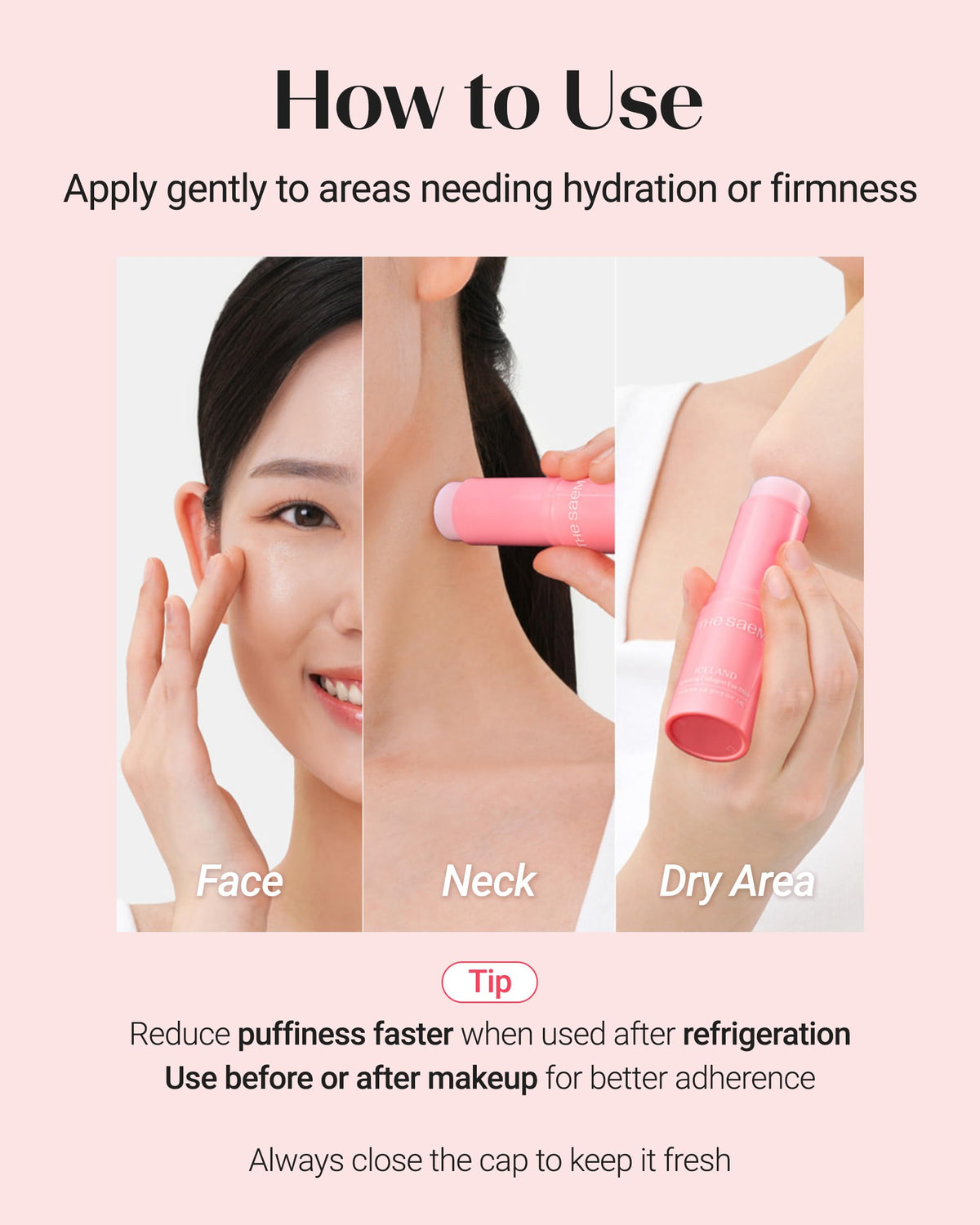 THESAEM applying eye stick under-eye demonstrating smoothing and de-puffing effect