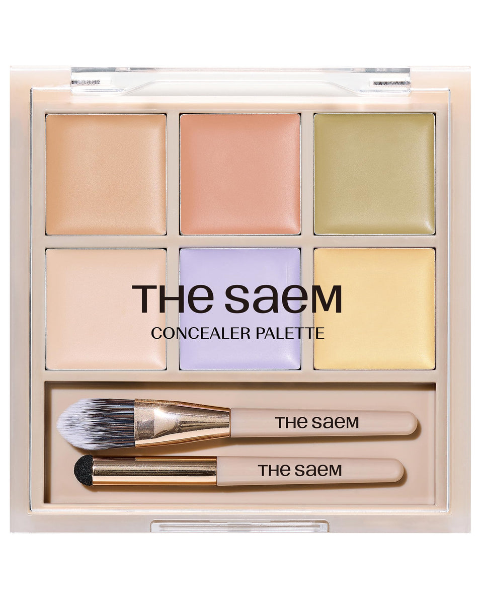 THESAEM palette front open showing six shades and dual brush for versatile coverage