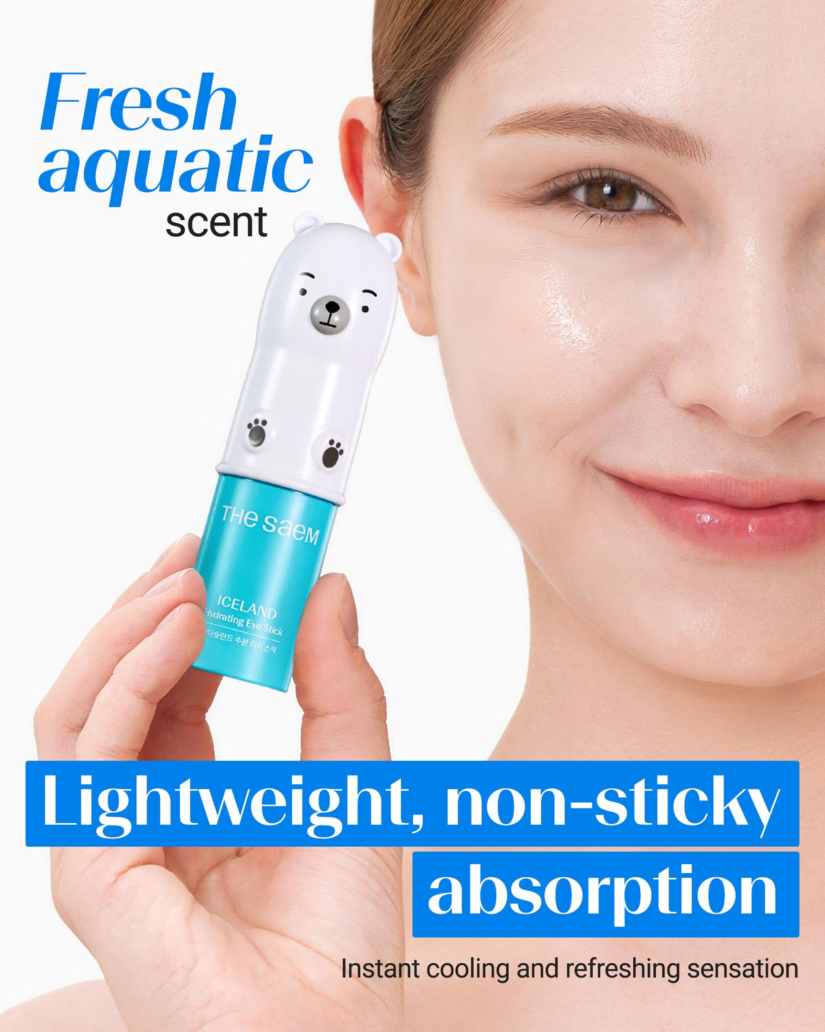 THESAEM applying eye stick under eye for instant cooling relief