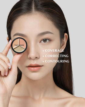 THESAEM palette on vanity with skincare items showing a neat travel-ready corrective kit