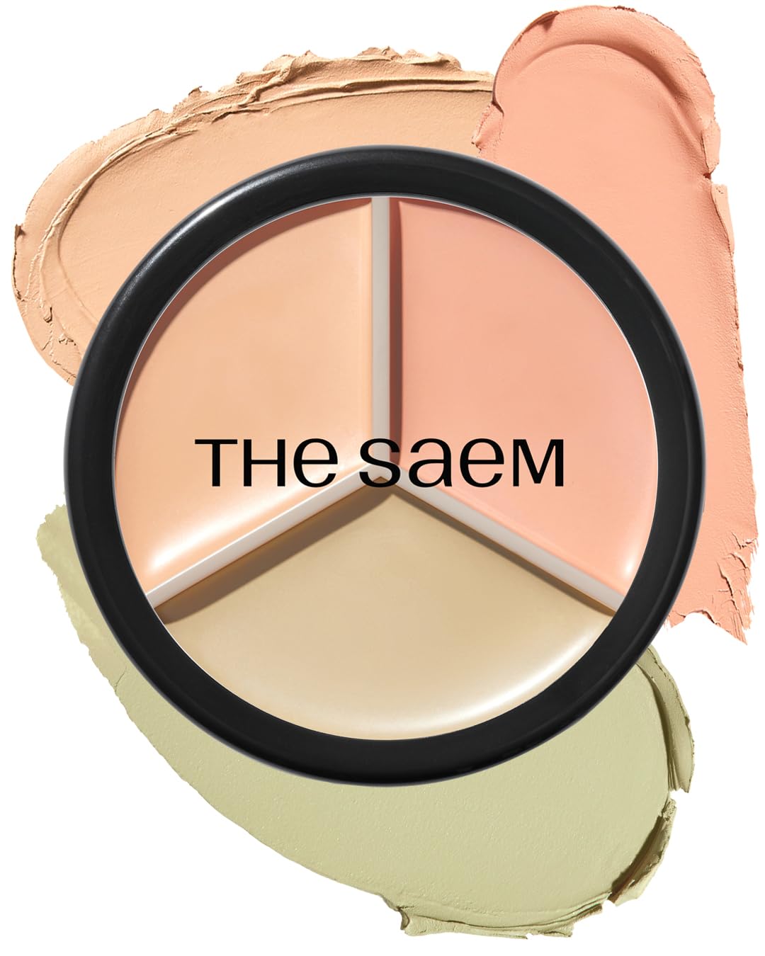 THESAEM palette front view showing three compact corrective shades and brush for easy coverage