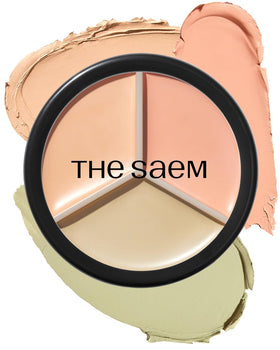 THESAEM palette front view showing three compact corrective shades and brush for easy coverage