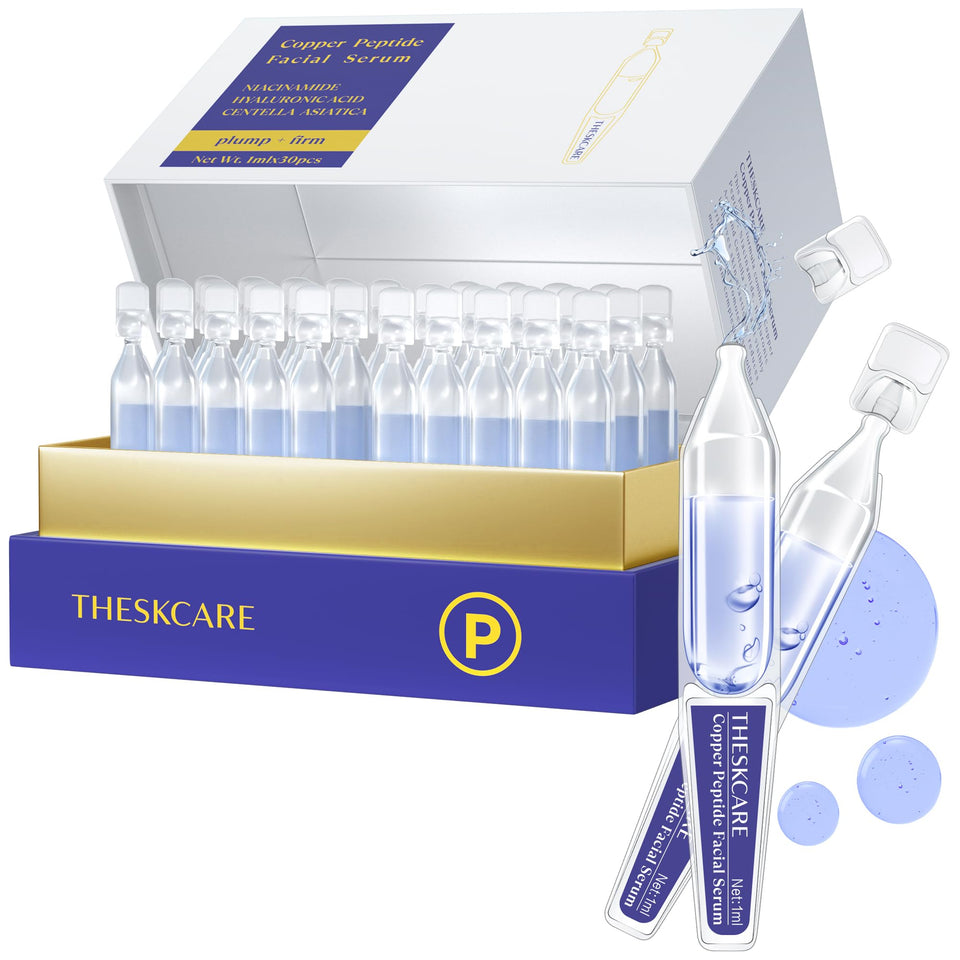 THESKCARE front packaging showing 30 ampoules and product benefits