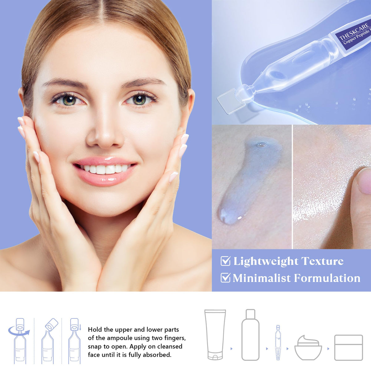 THESKCARE open ampoule with serum applied to fingertips for easy use