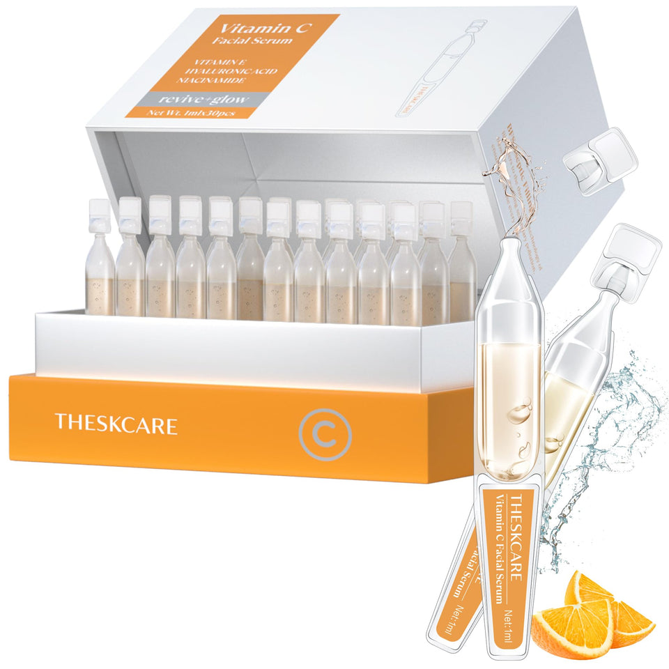 THESKCARE front packaging of 30 ampoules showing travel-ready design and freshness benefit
