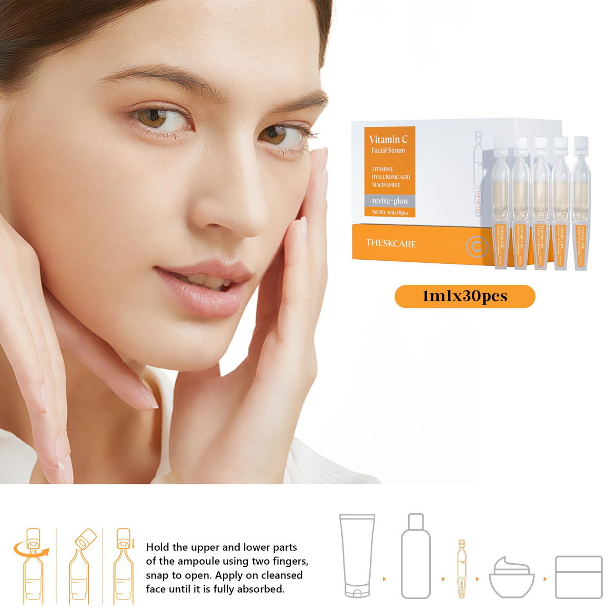 THESKCARE ampoules beside sink in morning routine illustrating travel and routine-friendly benefit
