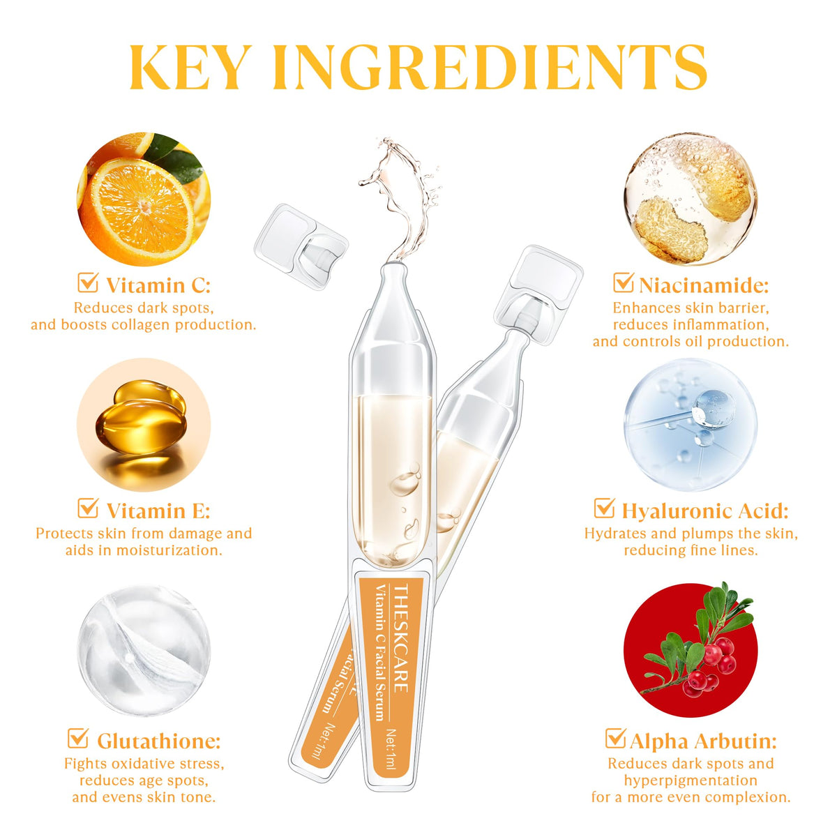 THESKCARE single ampoule snapped open with clear serum highlighting easy single-use benefit