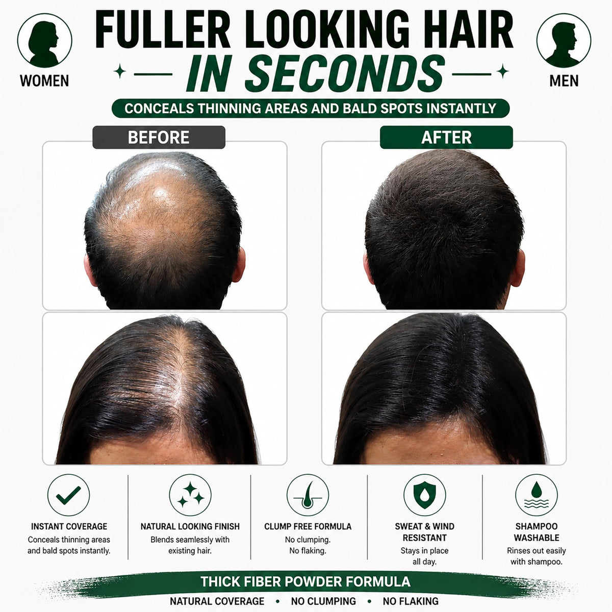 Thick Fiber applied to thinning hair sample for instant fuller appearance