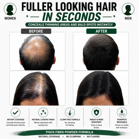 THICK FIBER before and after split image highlighting fuller hair effect