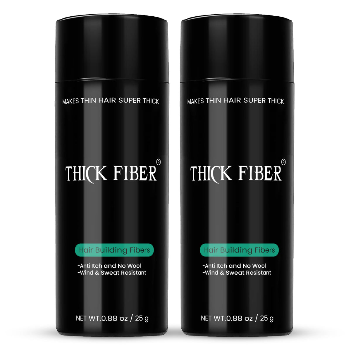 THICK FIBER front packaging showing two black 25g bottles for instant coverage