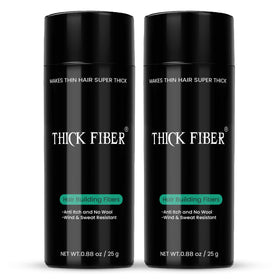 THICK FIBER front packaging showing two black 25g bottles for instant coverage