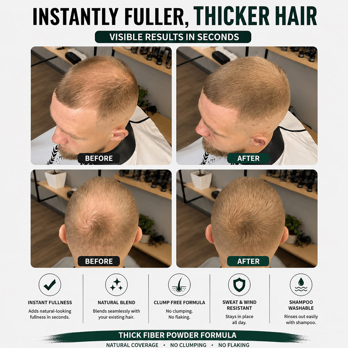 Before and after comparison with Thick Fiber showing fuller-looking hair