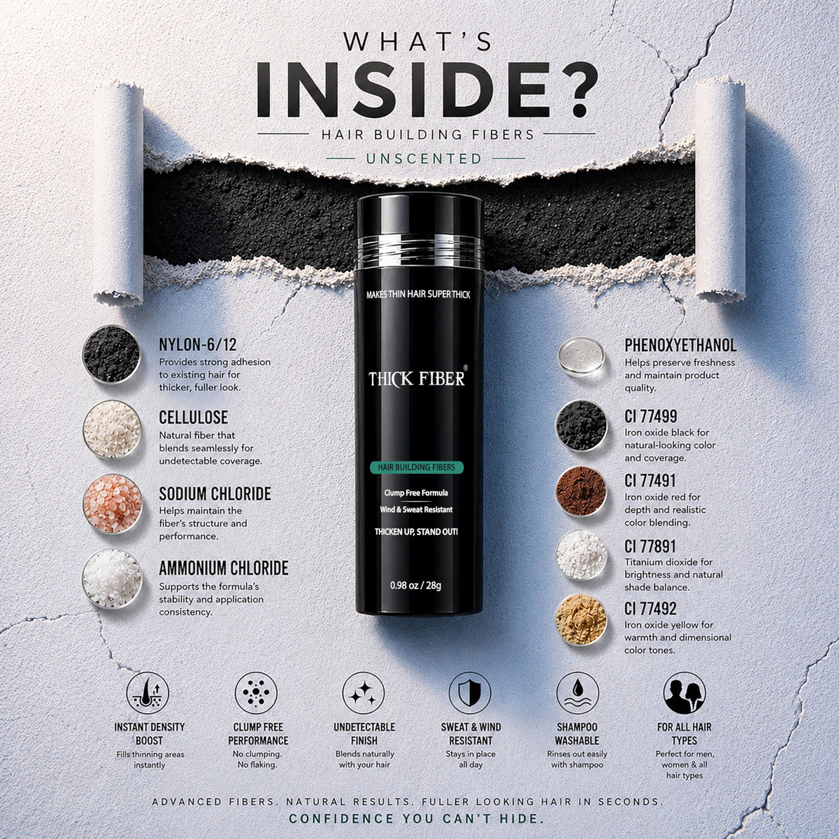 Label detail on Thick Fiber bottle highlighting natural keratin composition