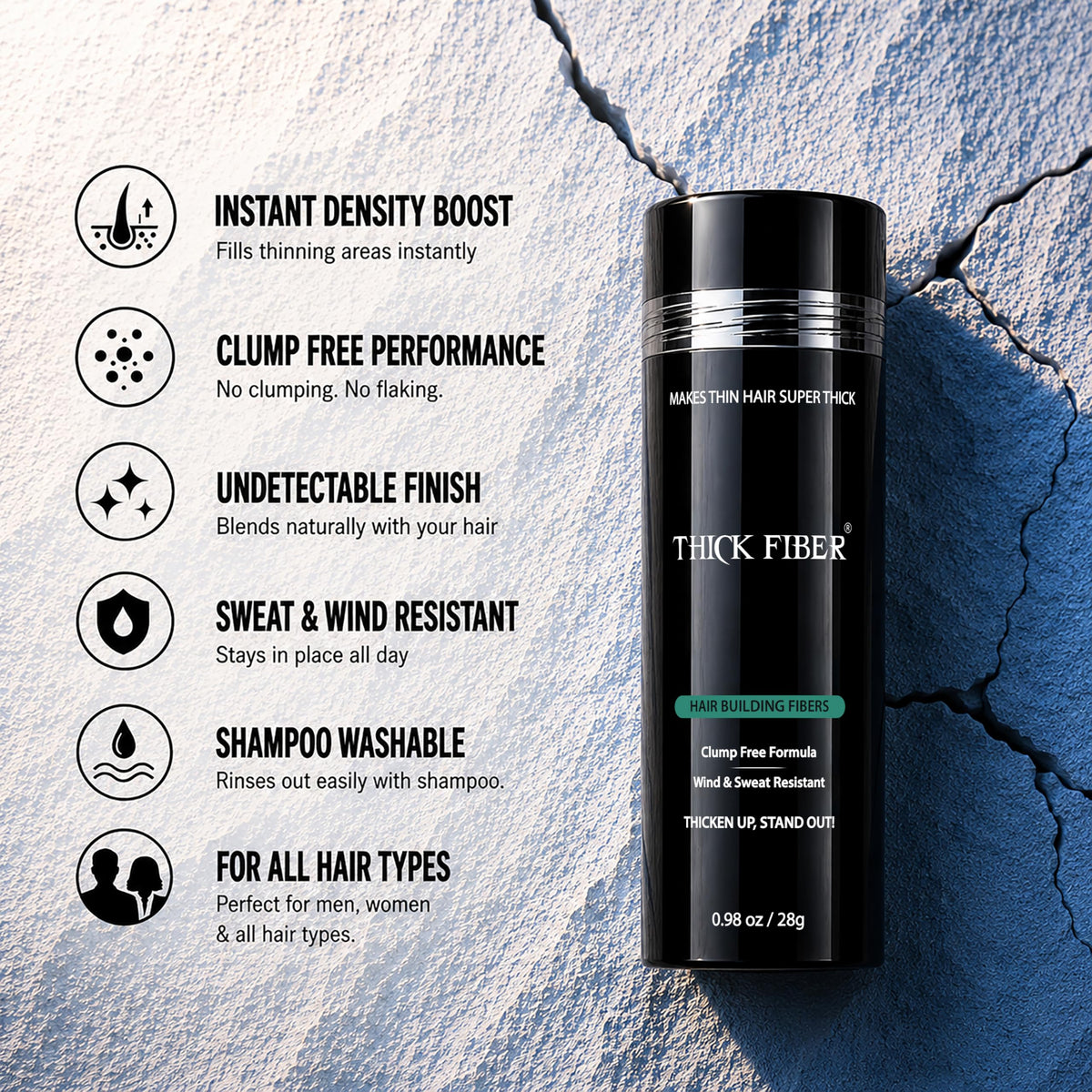 Hand holding Thick Fiber bottle to show 0.98 ounce size and portability
