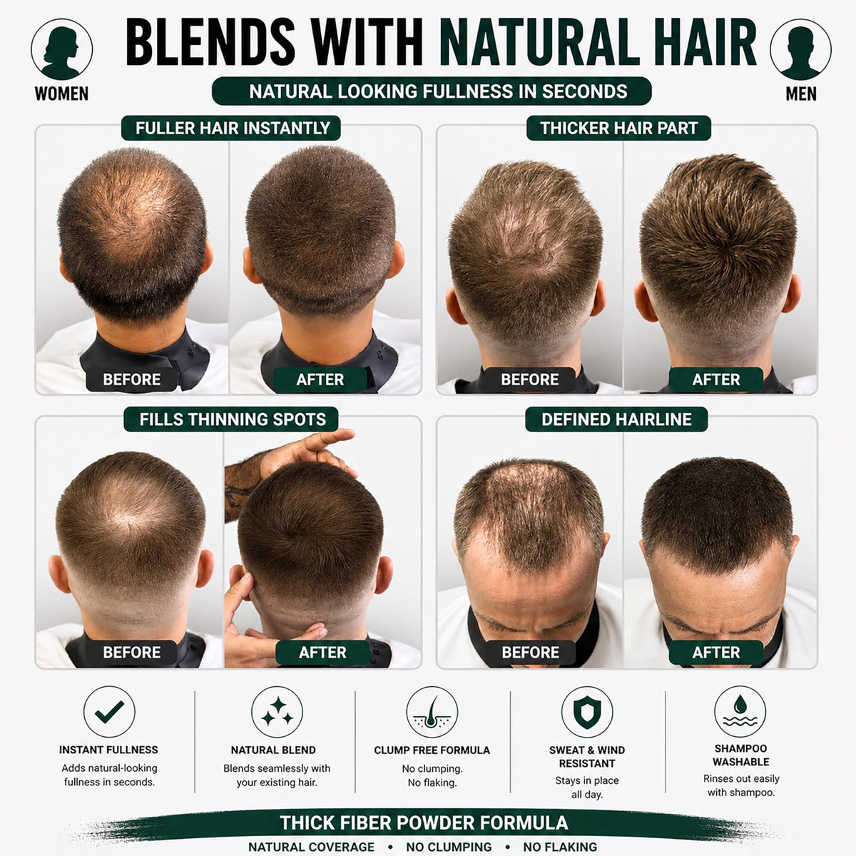 THICK FIBER before and after comparison showing fuller-looking hair benefit