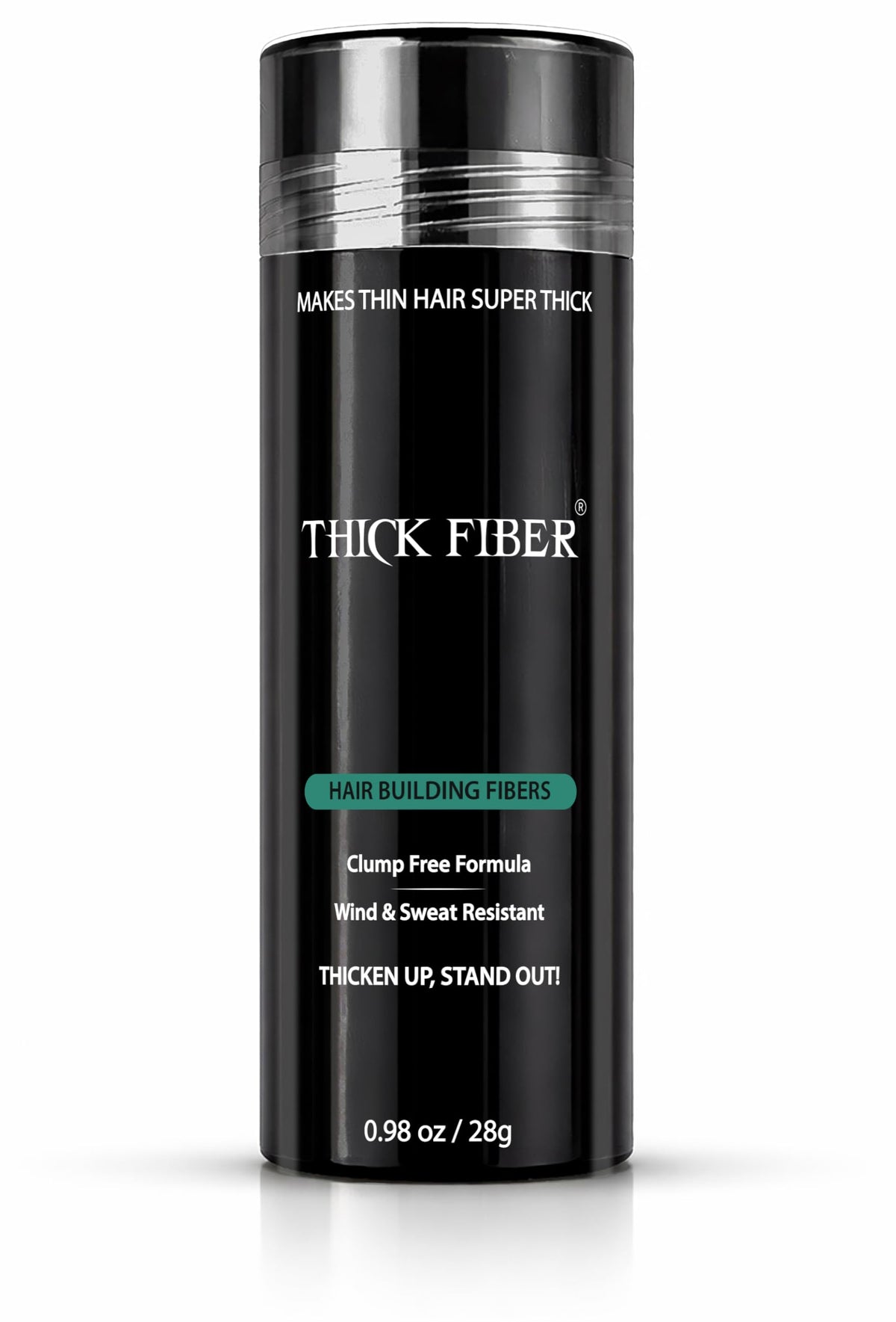 THICK FIBER front shaker shows compact 28g size and quick coverage benefit