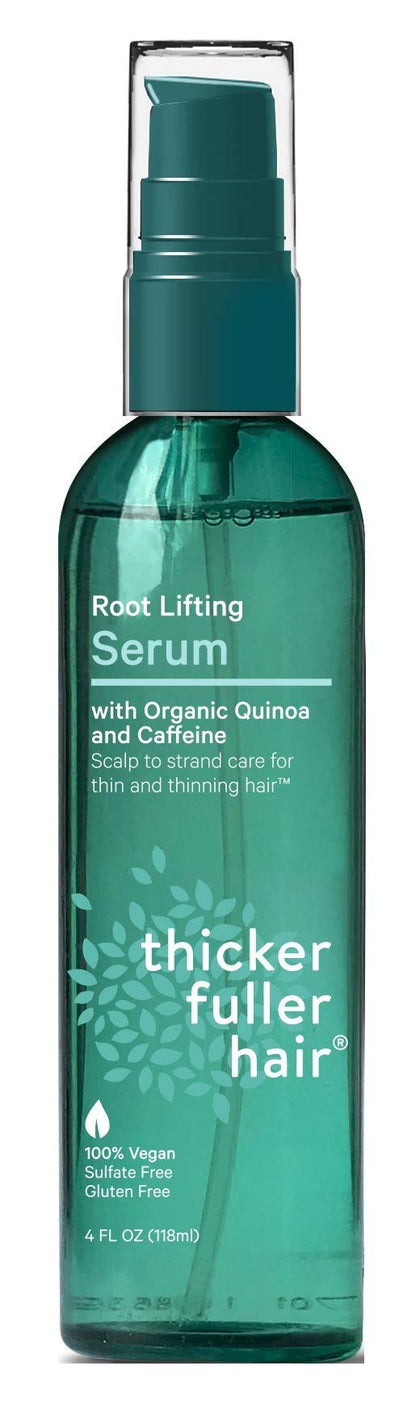 Thicker Fuller Hair serum front packaging shows pump and promotes root lift