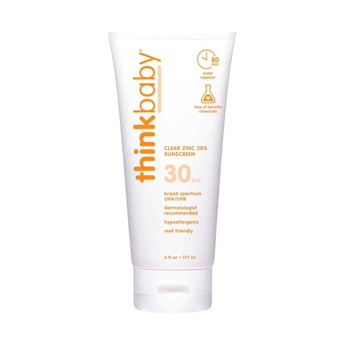 Think baby front label showing SPF 30 and clear mineral protection