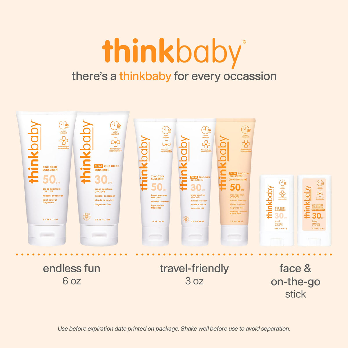 Think baby next to children’s toys showing 6 fl oz size for travel