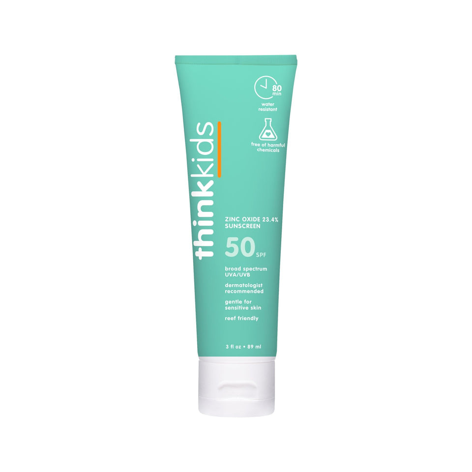 THINK Thinkkids front tube shows SPF 50+ and kid-friendly packaging for quick protection