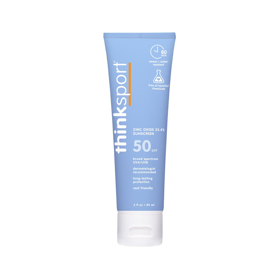 Thinksport front bottle view showing compact travel-friendly sunscreen