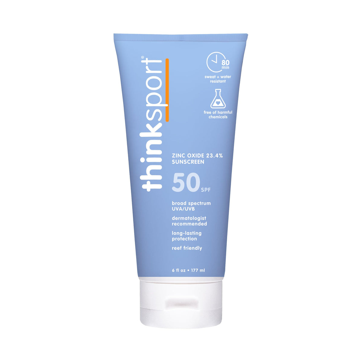 Thinksport front packaging showing SPF 50 protection and active use benefits
