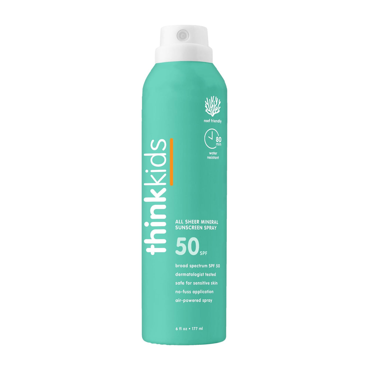 Thinksport bottle front packaging showing SPF 50 protection and kid-friendly design