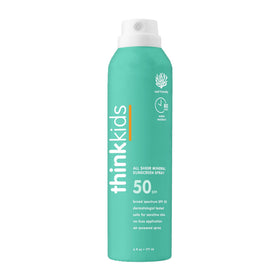 Thinksport bottle front packaging showing SPF 50 protection and kid-friendly design