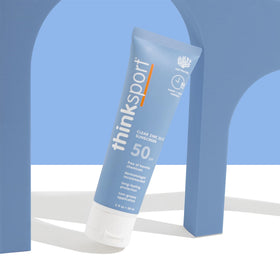 Thinksport tube inside a travel bag illustrating compact, on-the-go sunscreen