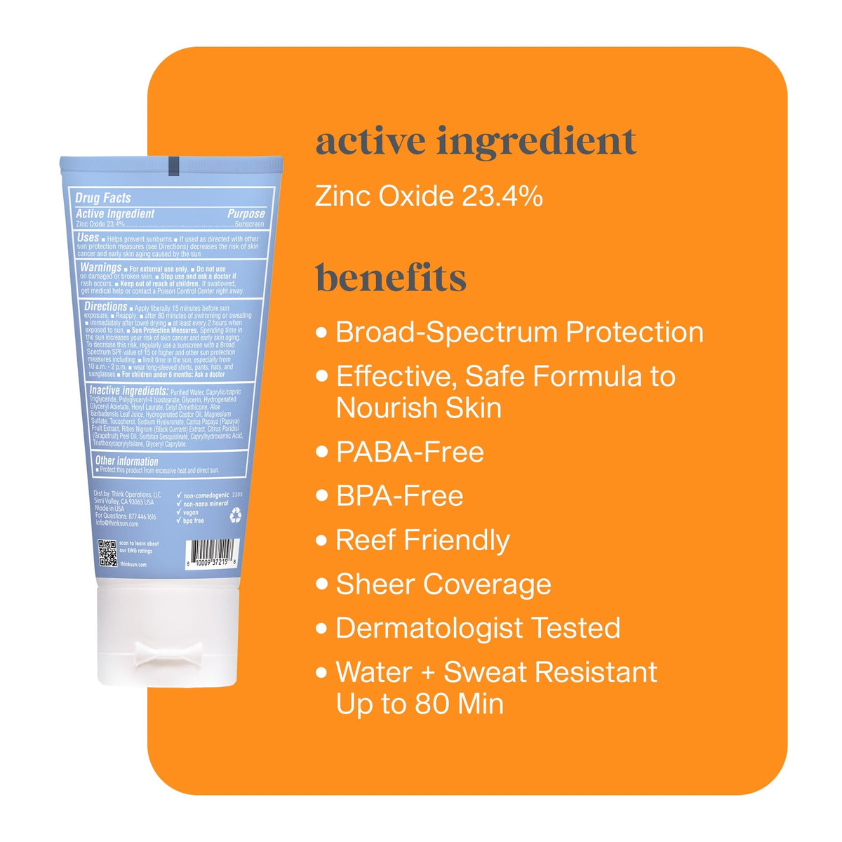 Thinksport tube dispensing clear zinc sunscreen demonstrating quick, mess-free application