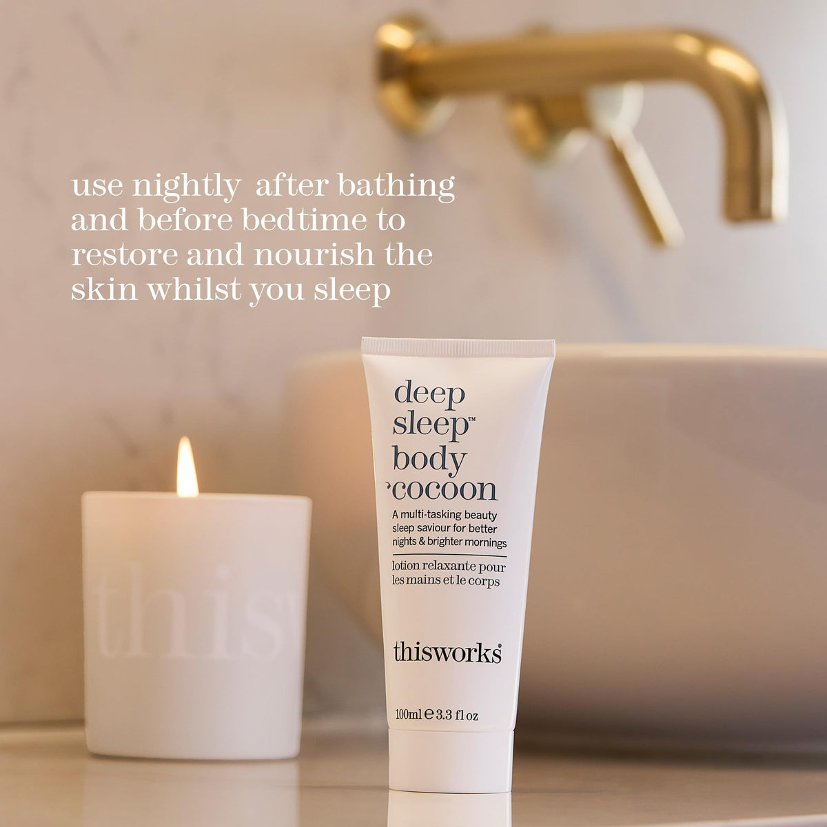 THISWORKS ingredients display with lavender and chamomile highlighting soothing botanicals