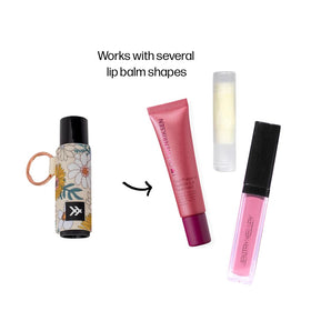 Thread Wallets Blossom beside chapstick to show scale and compact portability