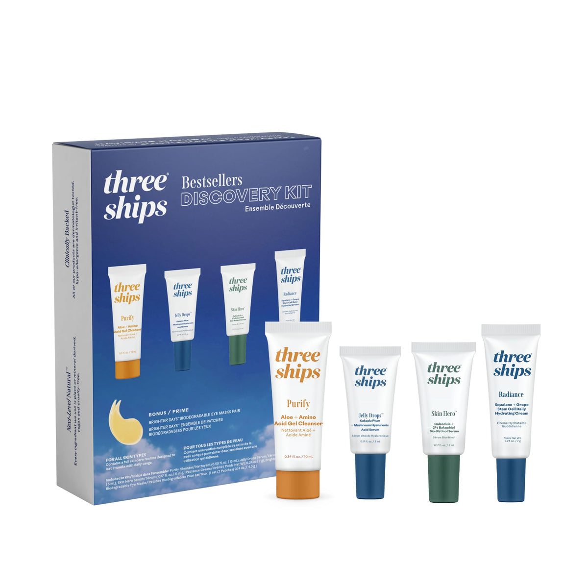 Three Ships discovery kit front packaging showing complete travel routine benefits