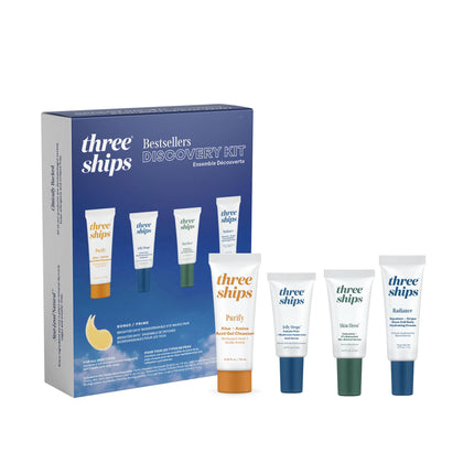 Three Ships discovery kit front packaging showing complete travel routine benefits