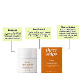 Three Ships ingredients label showing plant-derived bio-retinol and shorea butter