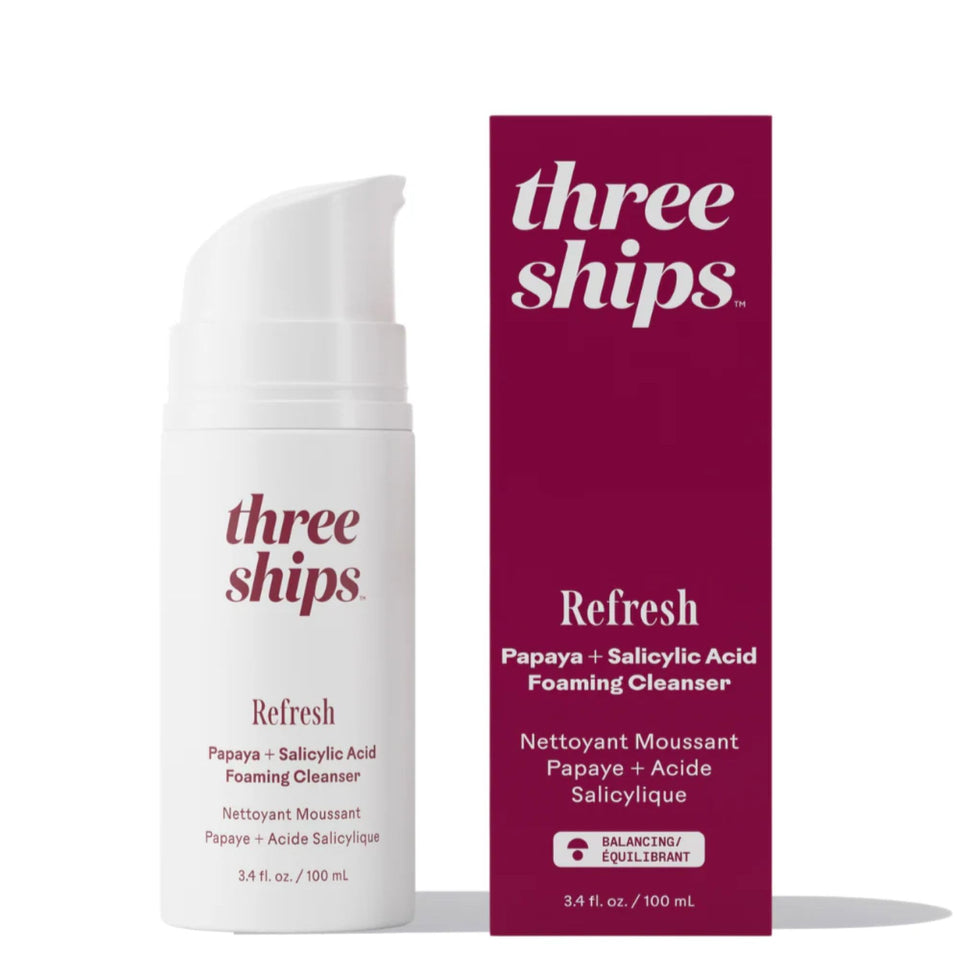 Three Ships front packaging showing cleanser bottle and label benefits